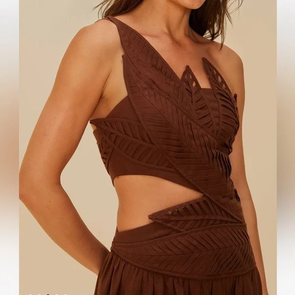 Farm Rio Burgundy Leaves Cut-Out Lenzing Ecovero Euroflax Midi Dress - Picture 3 of 9